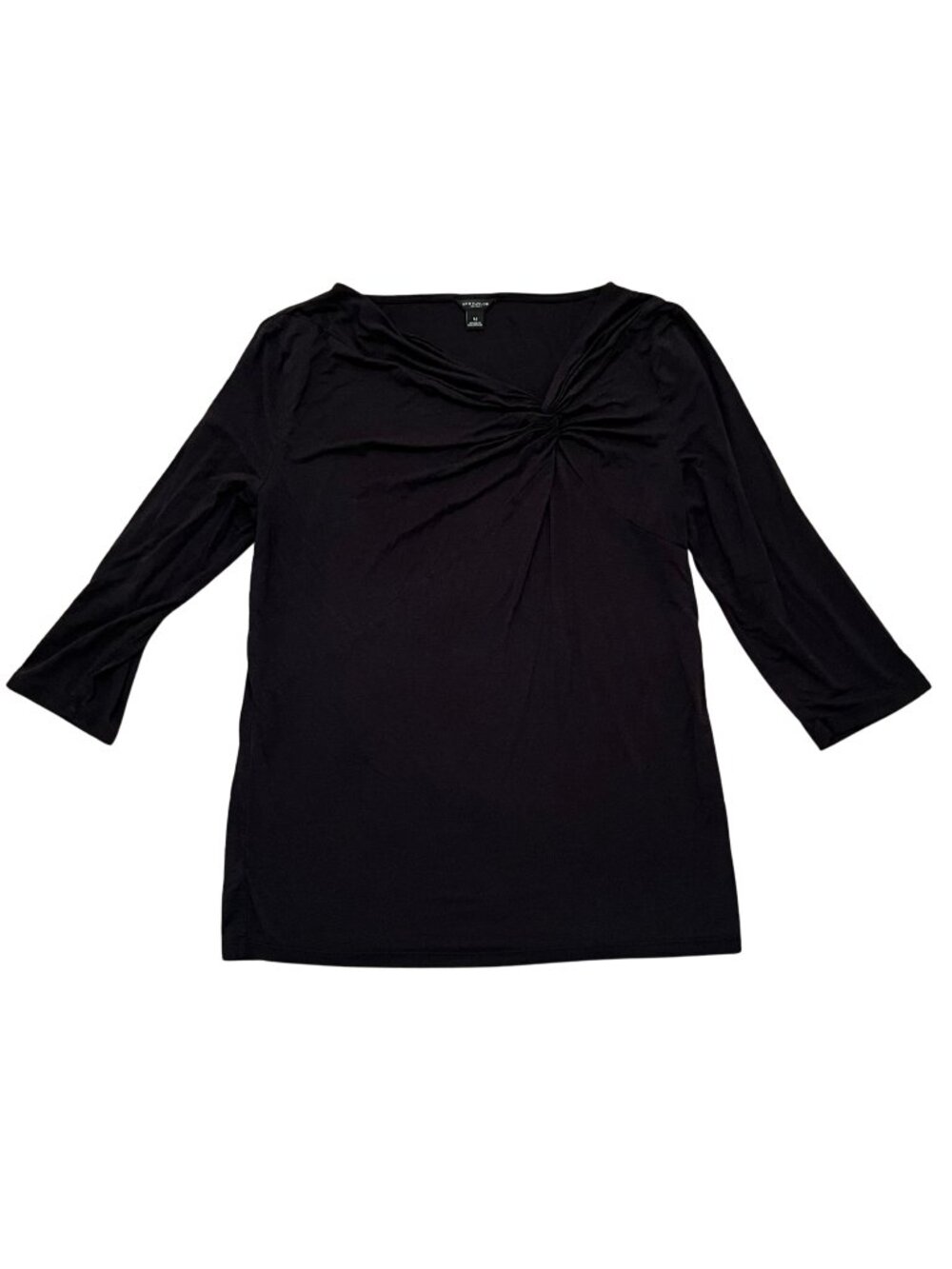 Ann Taylor Black Asymmetric Twist Knot Neckline 3/4 Sleeve Top, Size M